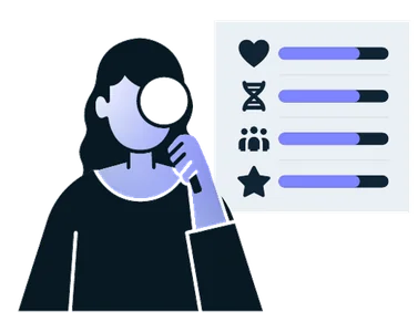 Illustration: a woman examining a list of core values with a magnifying glass